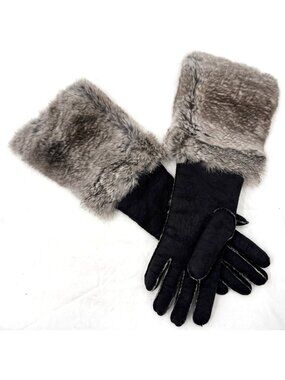 Vintage French Sheepskin Shearling Rabbit Fur Long Elbow Length Gloves Sz 7.5